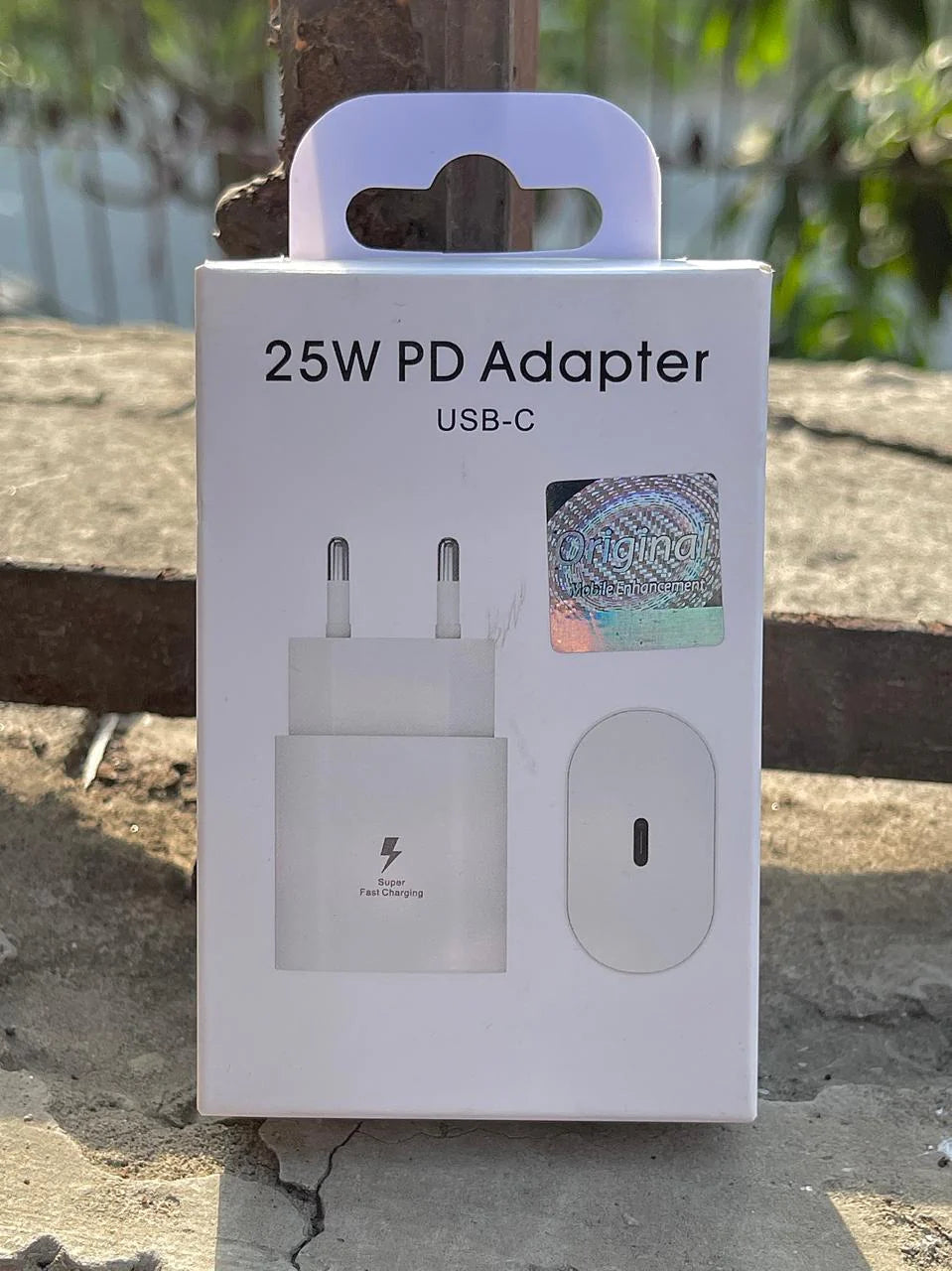 Samsung 25W USB-C PD Super Fast Charging Adapter in retail packaging, compatible with Samsung Galaxy smartphones, tablets, and other USB-C devices.