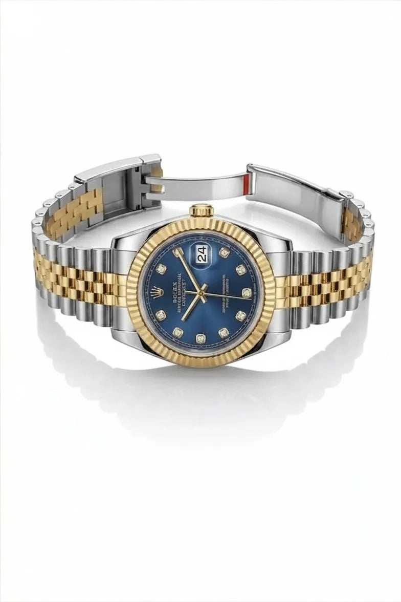 Silver and gold men's analog watch featuring a blue sunburst dial.
