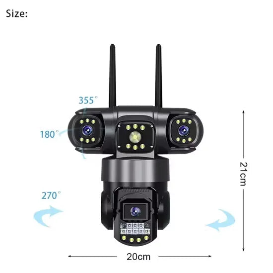 Wireless triple-lens CCTV camera featuring 355° pan and 270° tilt coverage.
