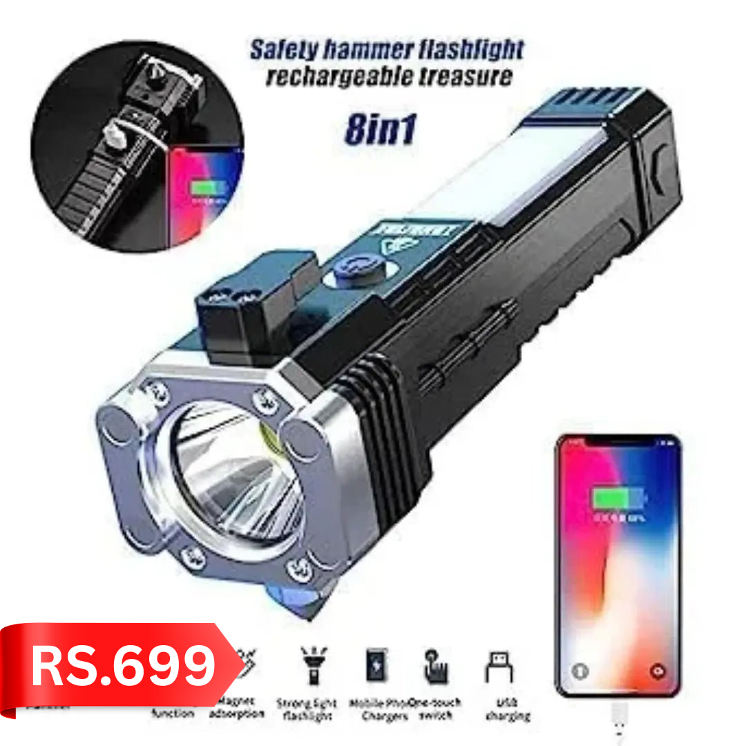 Rechargeable Safety Hammer Flashlight | Emergency Tool, Power Bank, and Magnet Torch