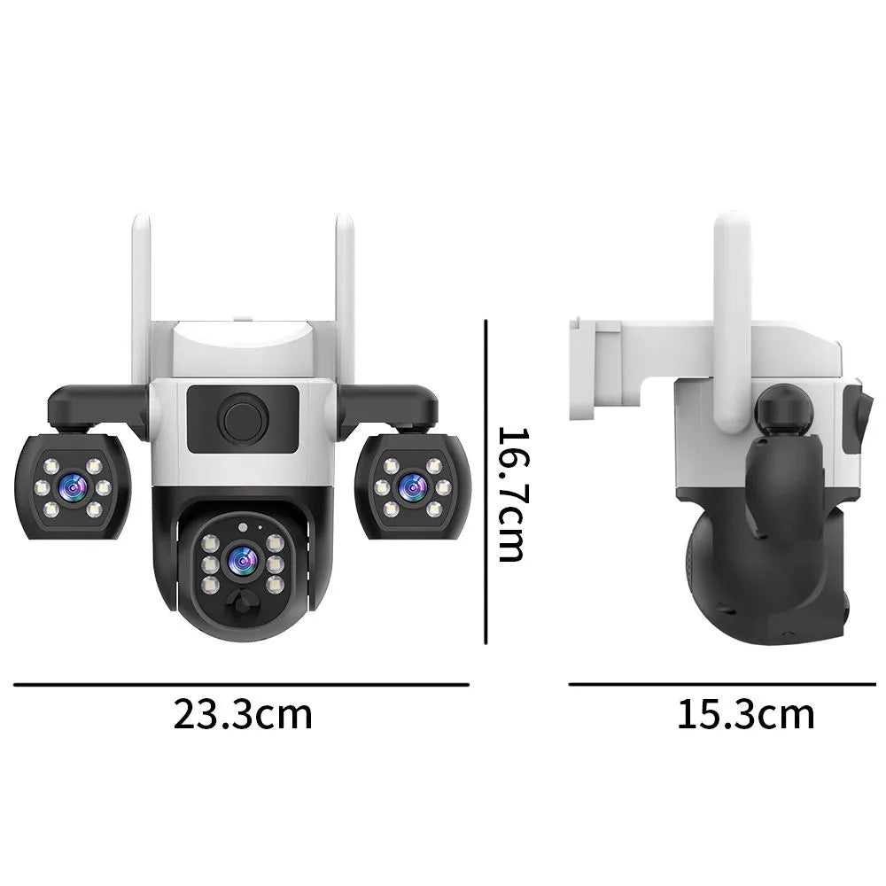 Wireless PTZ security camera with dual antennas and 360-degree surveillance.