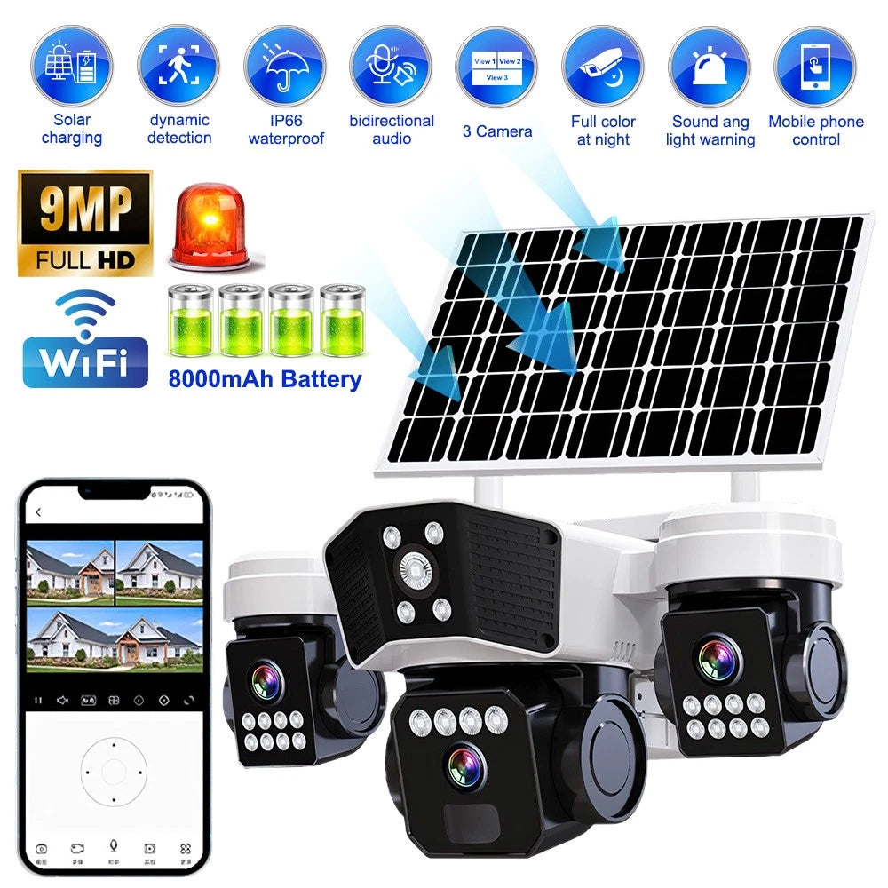 Outdoor AI security camera featuring solar panel and full-color night vision.