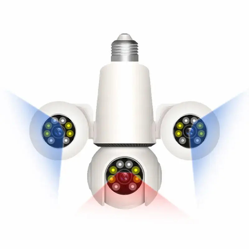 360° panoramic E27 bulb CCTV camera featuring three HD lenses, color night vision, motion detection, and smart surveillance.