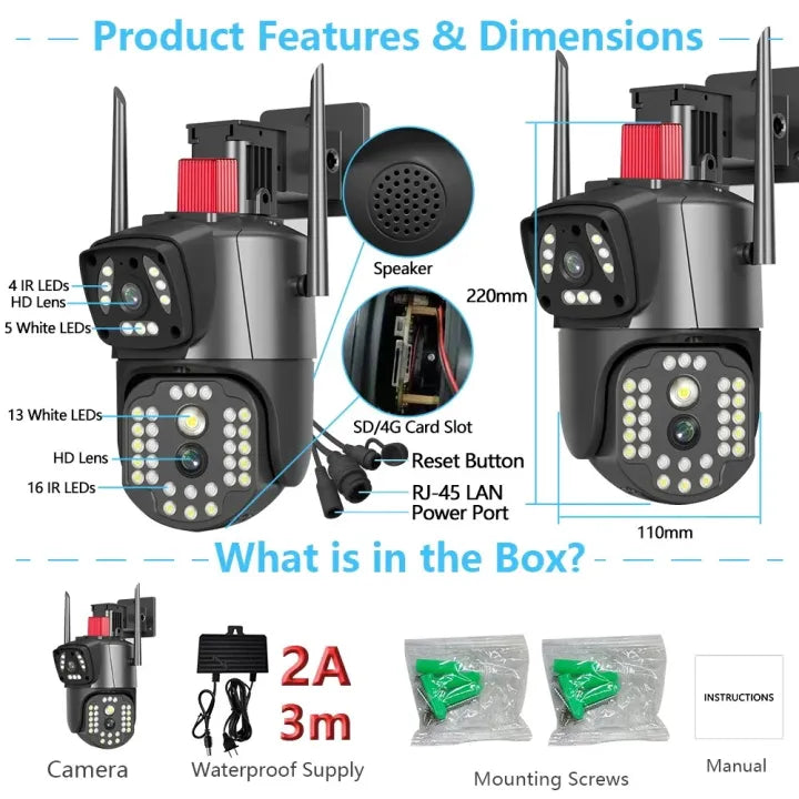 360° AI Dual Lens WiFi Security Camera – Full Color Night Vision | Motion Alert | Waterproof