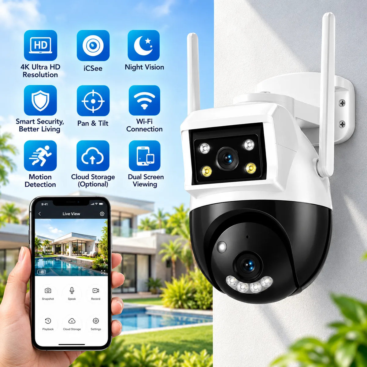 4K Ultra HD dual-lens WiFi CCTV camera with pan and tilt