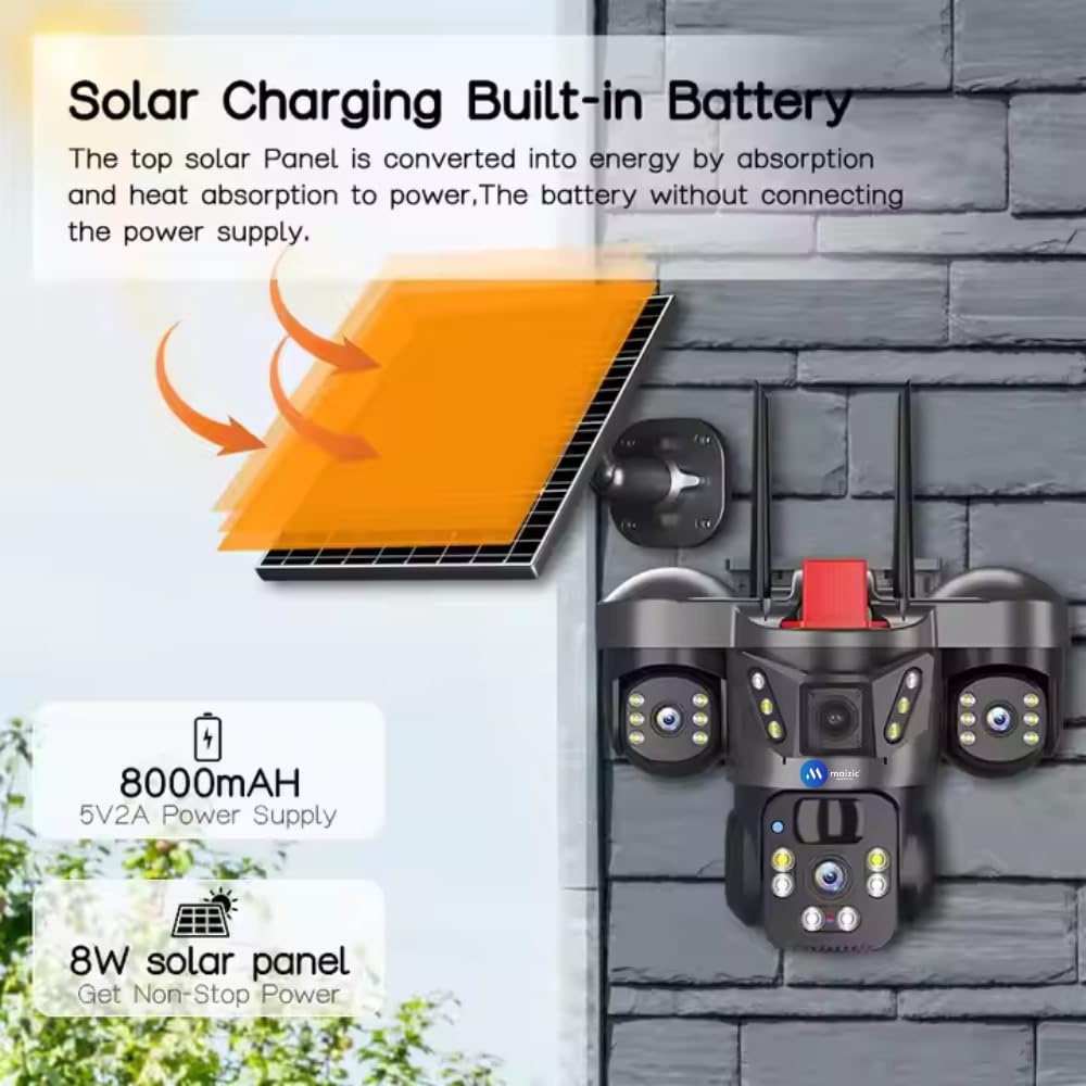 4G Solar Triple Lens 5MP Outdoor CCTV Camera | 3 - Screen View | Manual Side Rotation| Auto Tracking | Human Detection | Color Night Vision | Two - Way Audio | Multi - User Access - AlifdukanAlifdukan types here :)