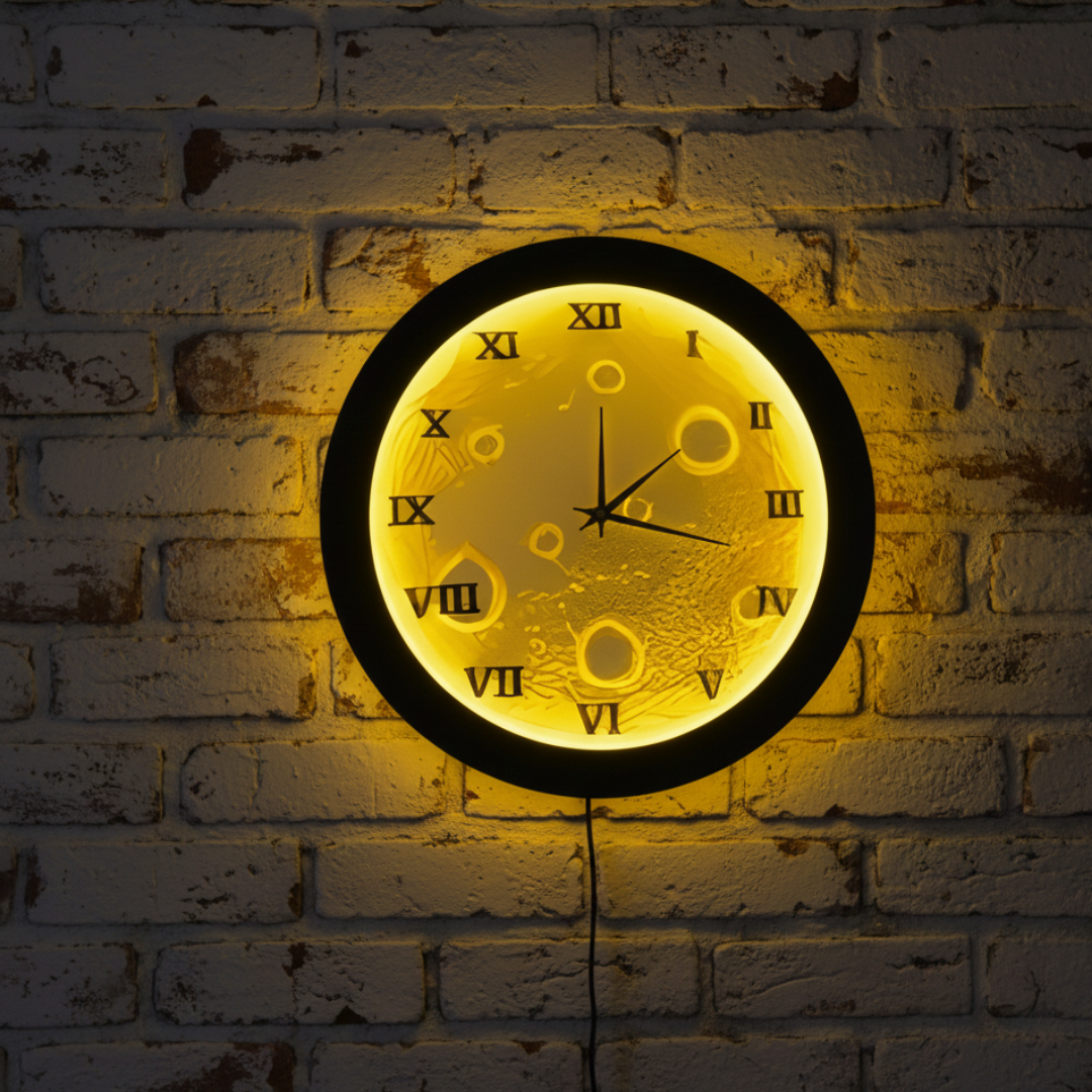 Premium Quality Modern Handmade LED Wall Clock with Night Glow Moon Lamp