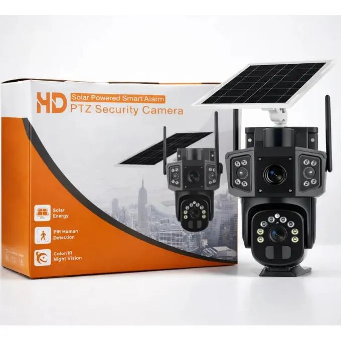 6MP triple lens solar powered PTZ security camera with wireless outdoor surveillance.
