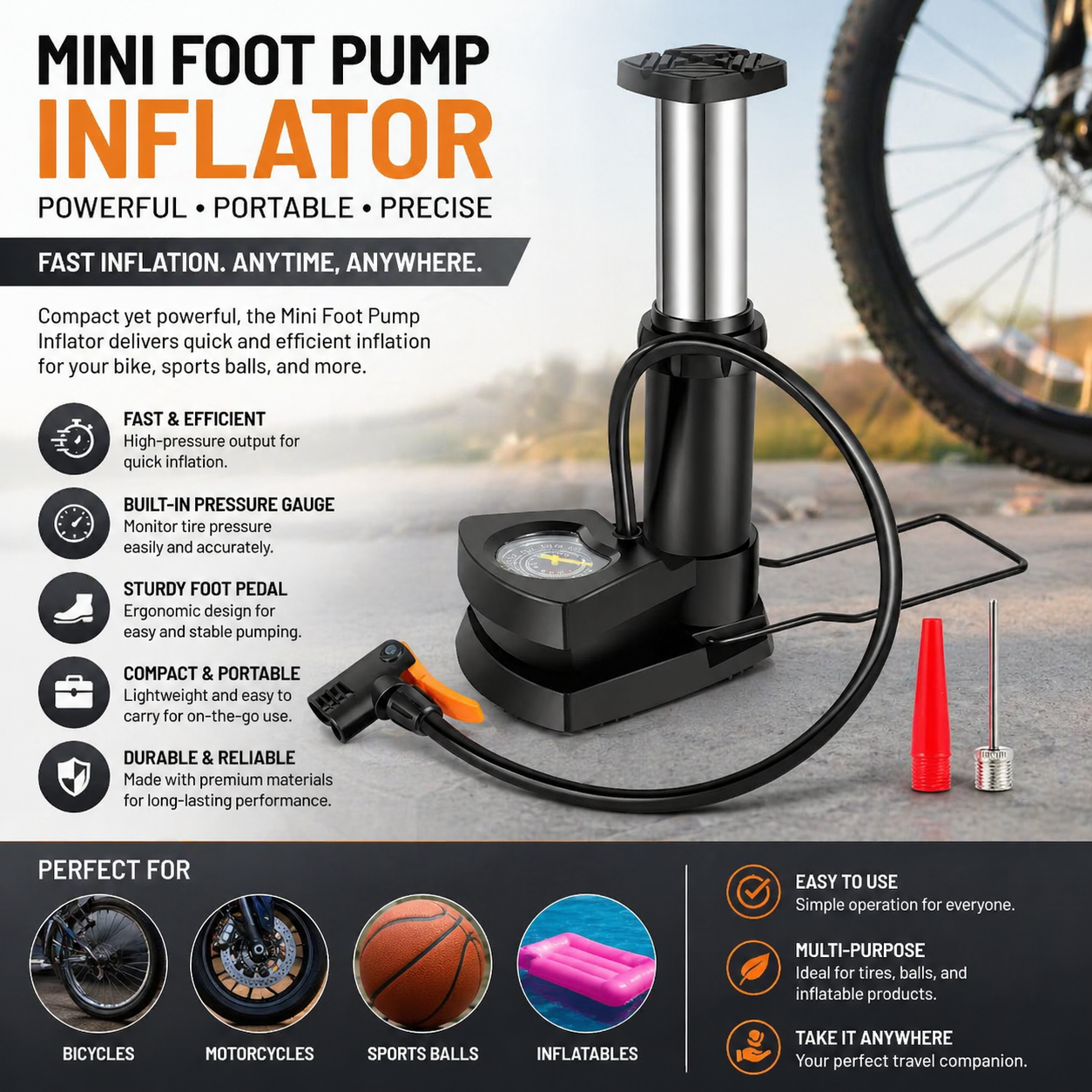 Mini Foot Pump Inflator with Pressure Gauge | Portable Air Pump for Bicycle, Motorcycle, Sports Balls & Inflatable Products