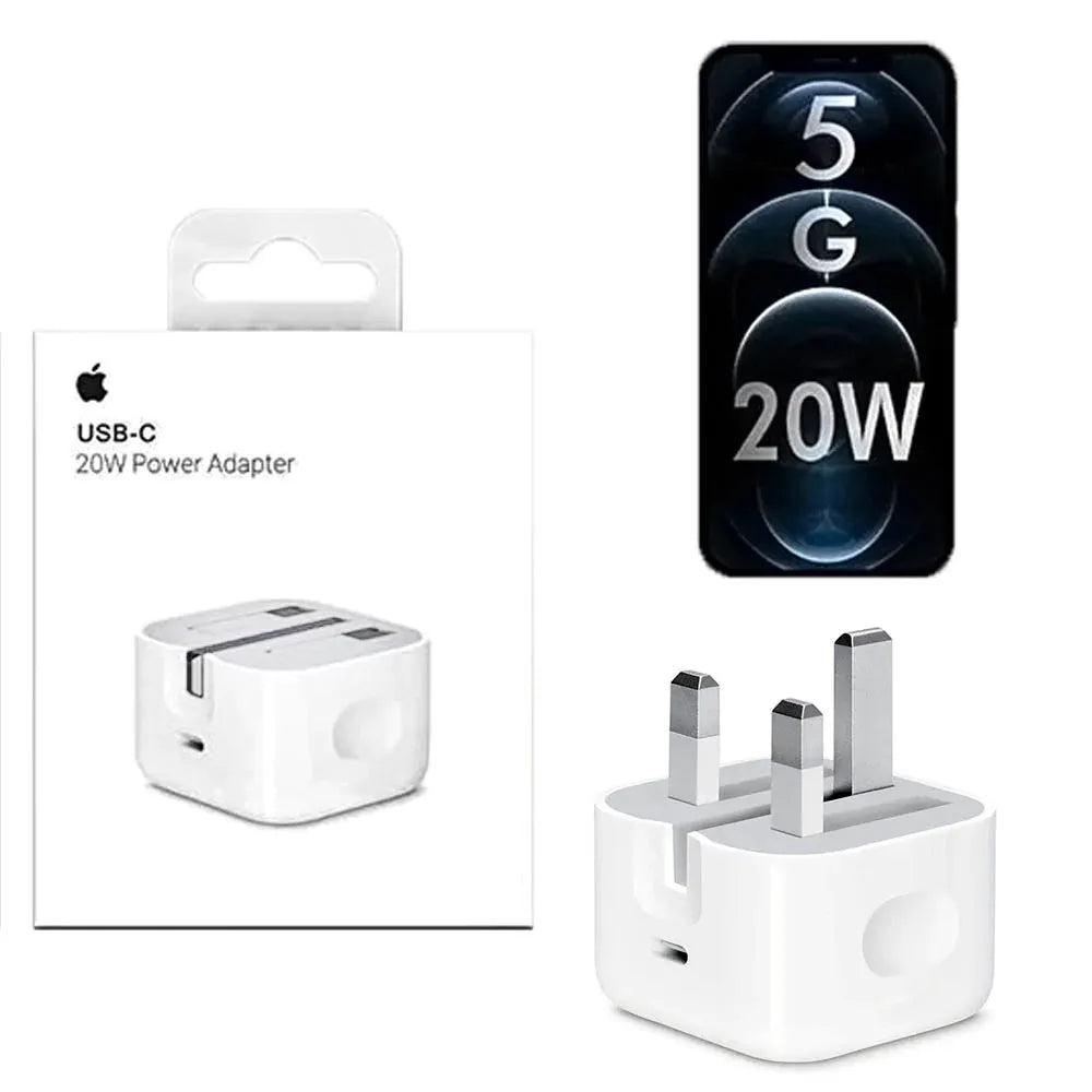 Apple 20W USB-C Power Adapter with retail packaging and UK three-pin plug, designed for fast charging iPhone, iPad, AirPods, and other USB-C compatible devices.