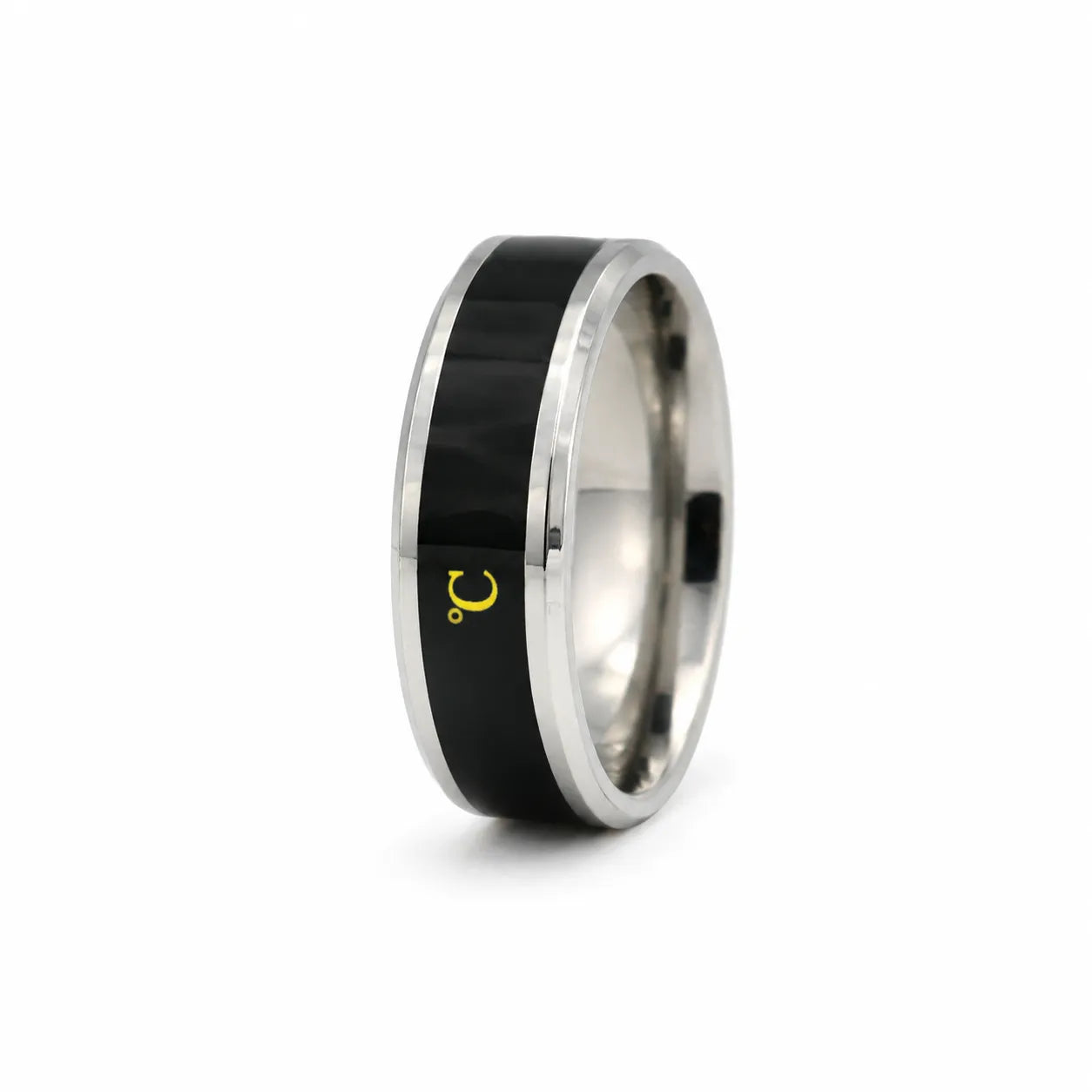 Color changing stainless steel mood ring in gold, black, and silver finish.