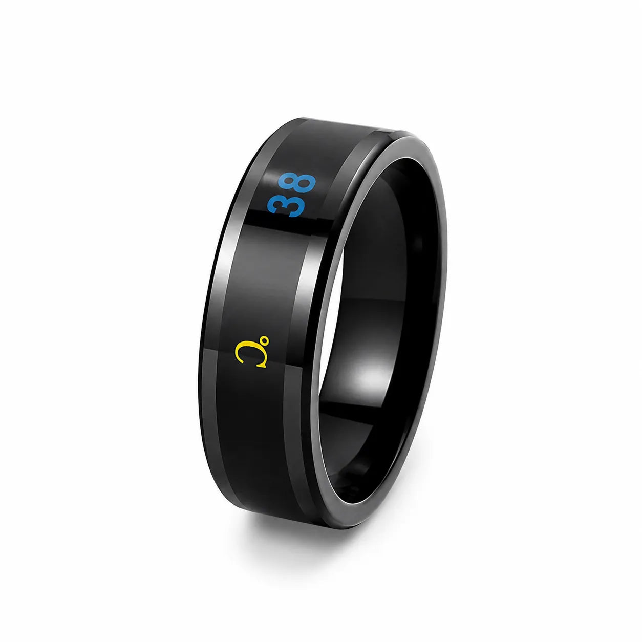 Color changing stainless steel mood ring in gold, black, and silver finish.