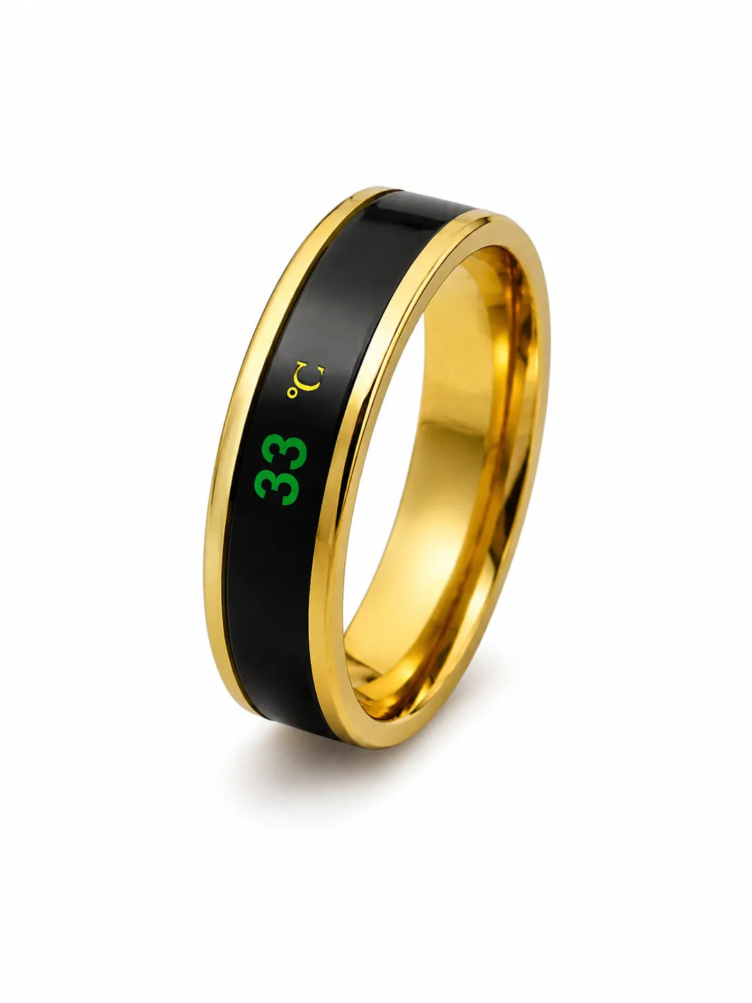 Color changing stainless steel mood ring in gold, black, and silver finish.