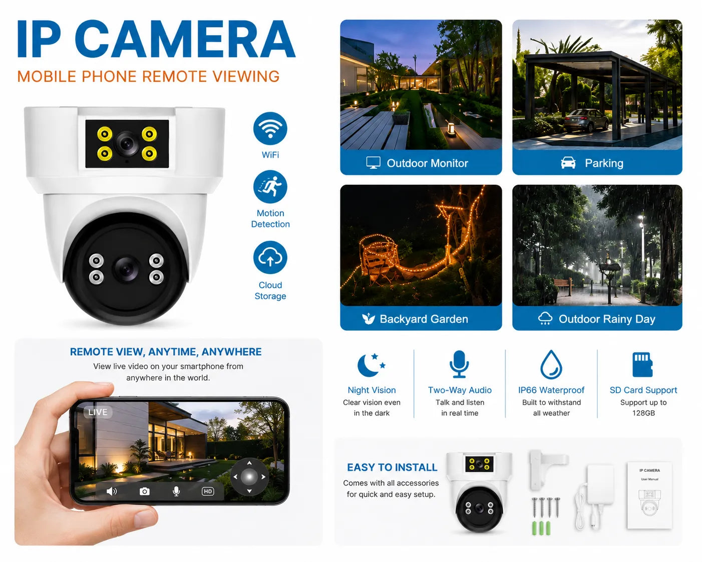 Dual lens PTZ WiFi security camera with full-color night vision.