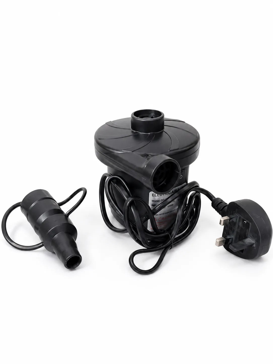 Portable electric air pump with multiple nozzle adapters for inflatables.