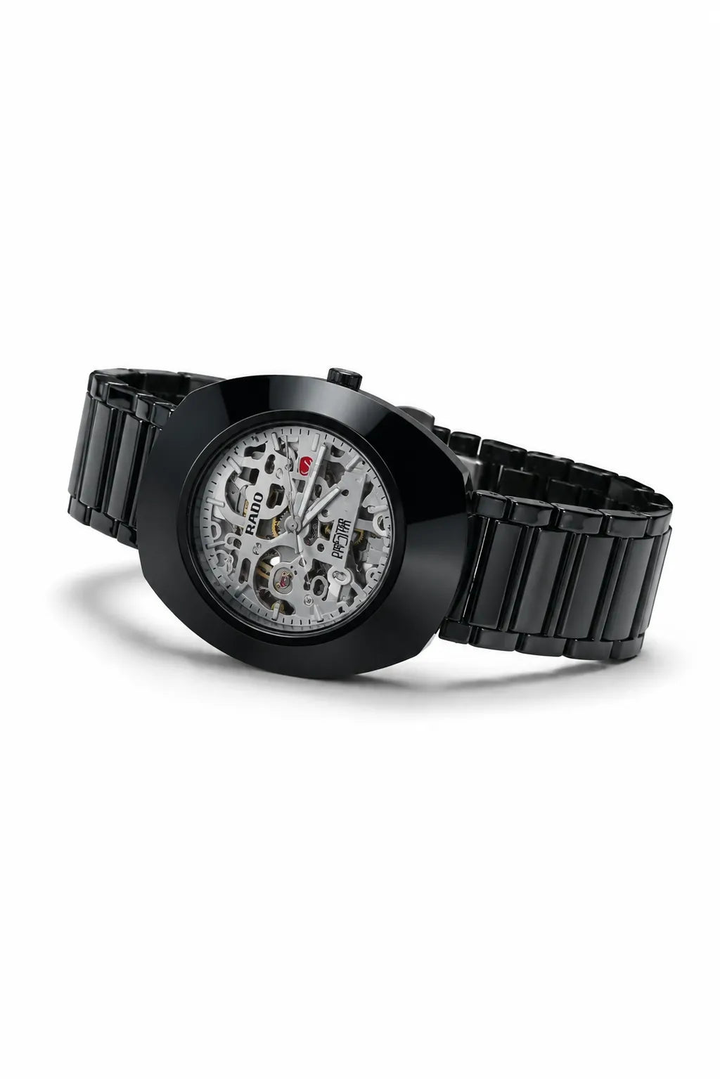 Elegant black automatic watch with visible movement and gold-tone hands.
