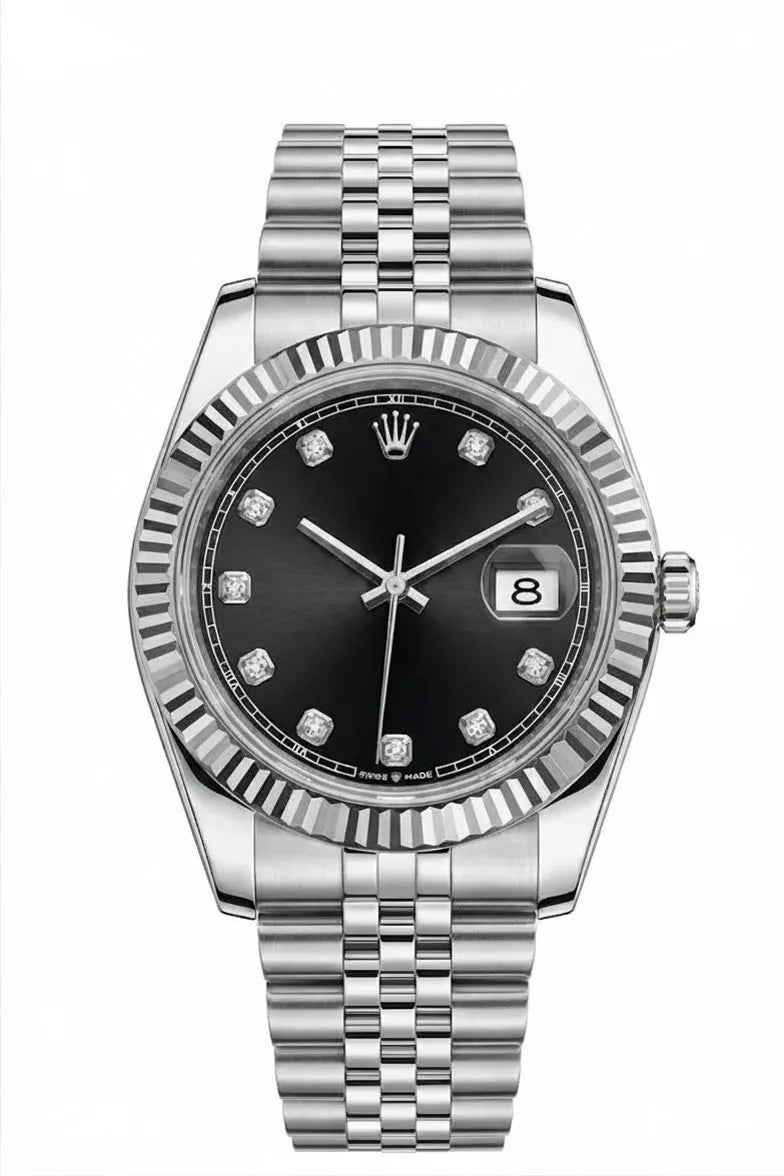 Elegant silver analog wrist watch featuring a black dial and crystal-style hour markers.