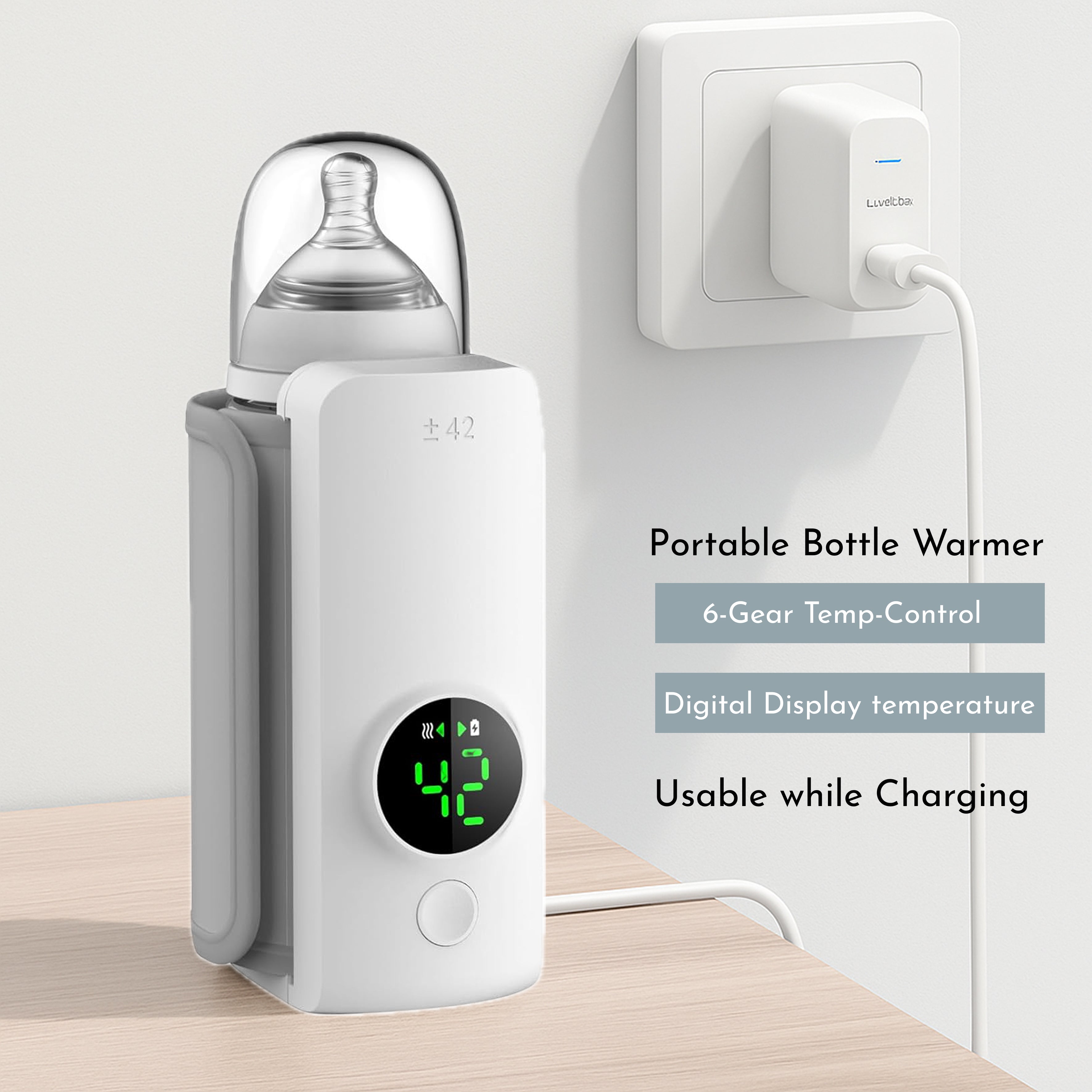 Portable Baby Bottle Warmer with Digital Display | 6-Level Temperature Control | USB Rechargeable