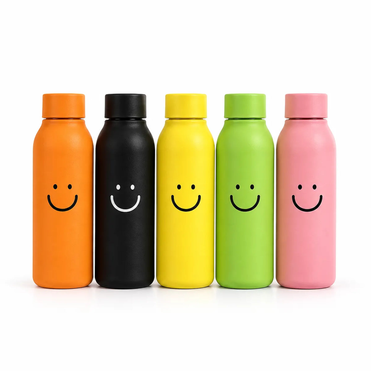 Colorful glass insulated smiley face water bottles on a marble kitchen counter