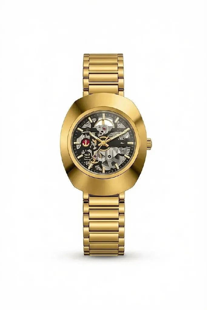 Gold analog watch featuring an open-work skeleton dial design.
