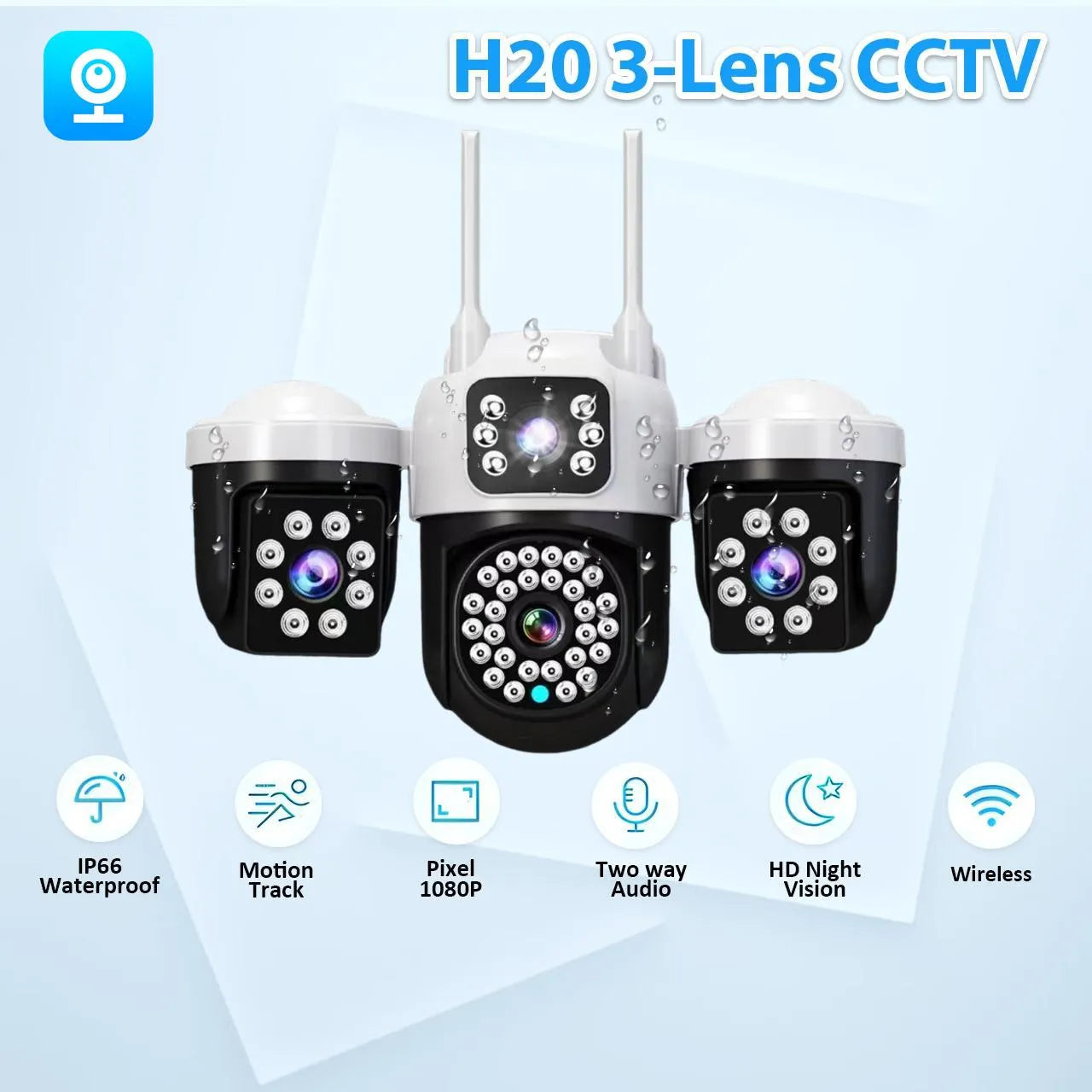 H20 3-lens WiFi PTZ CCTV security camera with 1080P HD resolution and motion tracking.

