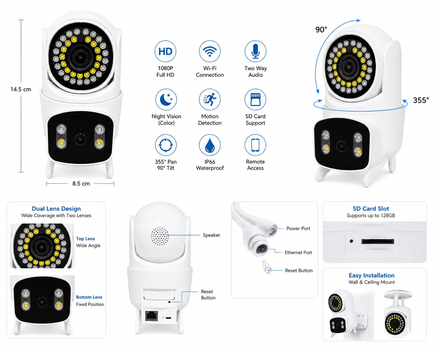 HD indoor and outdoor surveillance camera with two-way audio and mobile app support.
