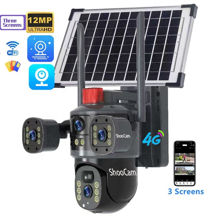 New V380 12mp 4lens Outdoor 4g Solar Camera Security System Ip Ptz 360 Cctv Camera Human Tracking Wall Mount Network Camera 6k