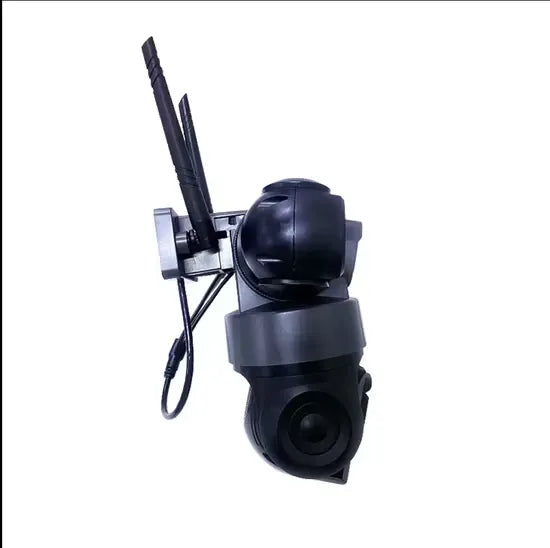 Outdoor WiFi PTZ IP camera with three lenses and remote mobile monitoring.