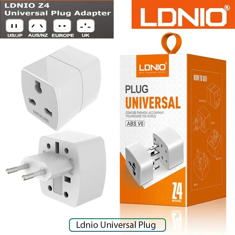 LDNIO Z4 universal travel plug adapter with multi-country compatibility for US, Europe, UK, Australia, and Japan, featuring a compact white design made from flame-retardant ABS material.