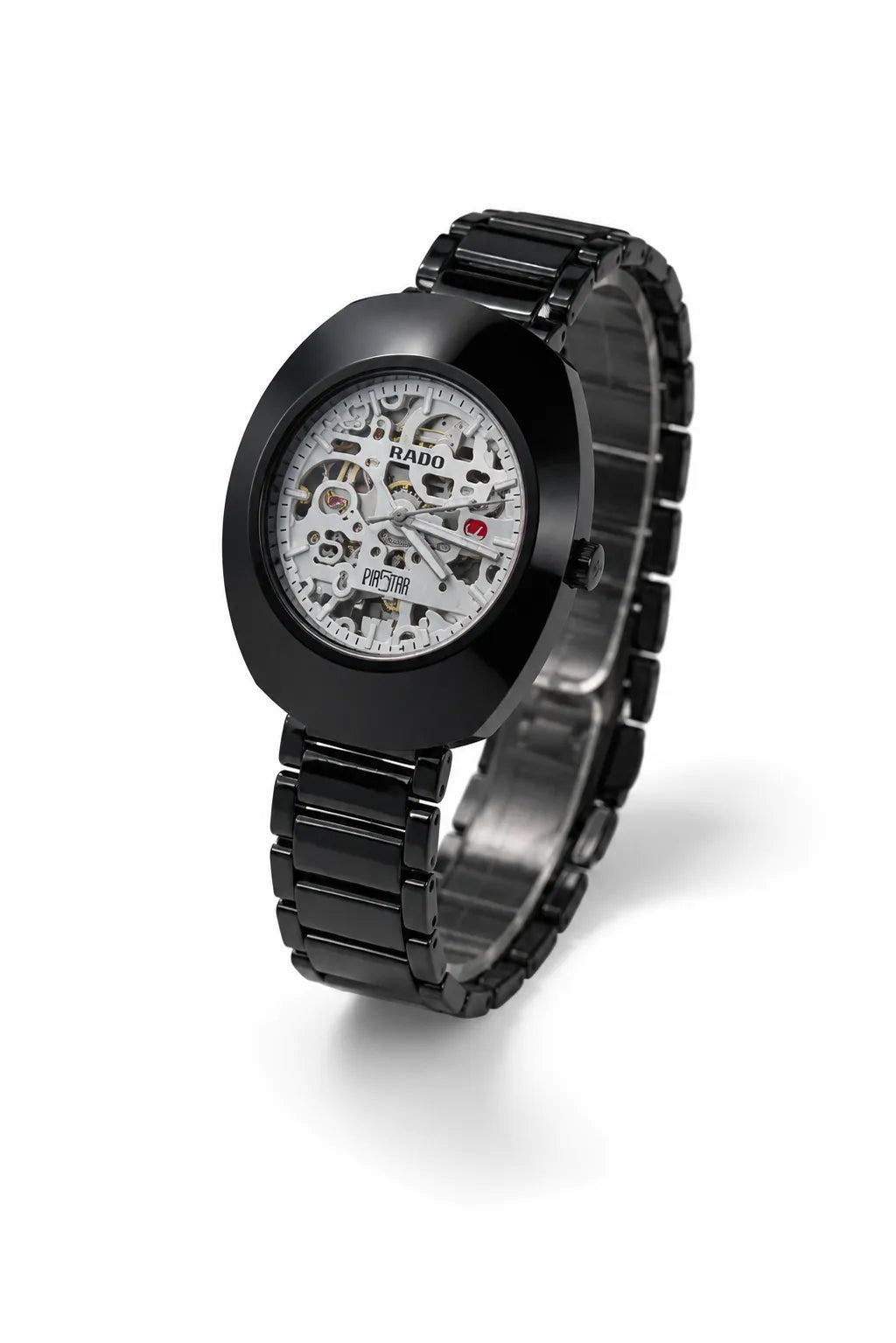 Luxury black skeleton automatic men's watch with stainless steel bracelet.
