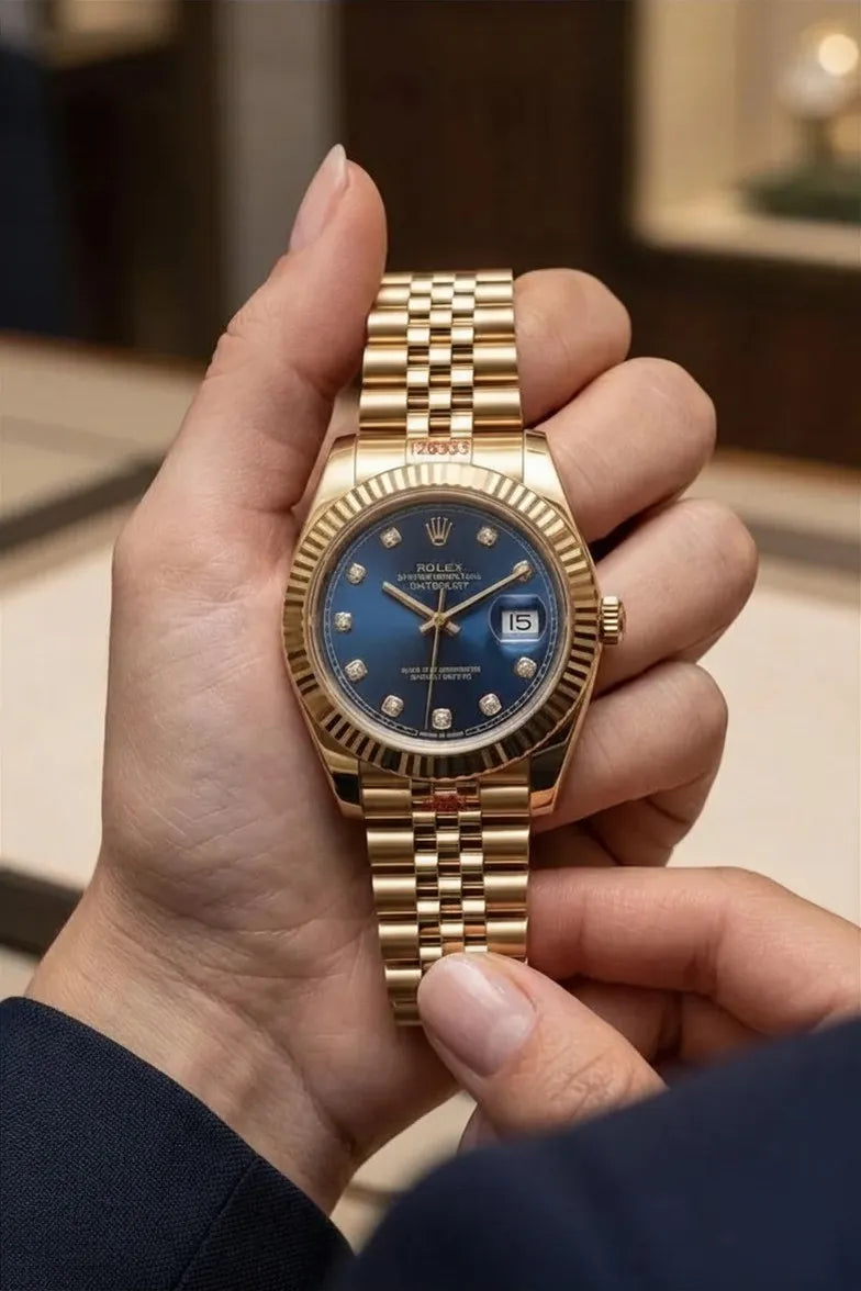 Luxury gold-tone men's wrist watch with blue crystal-style dial.

