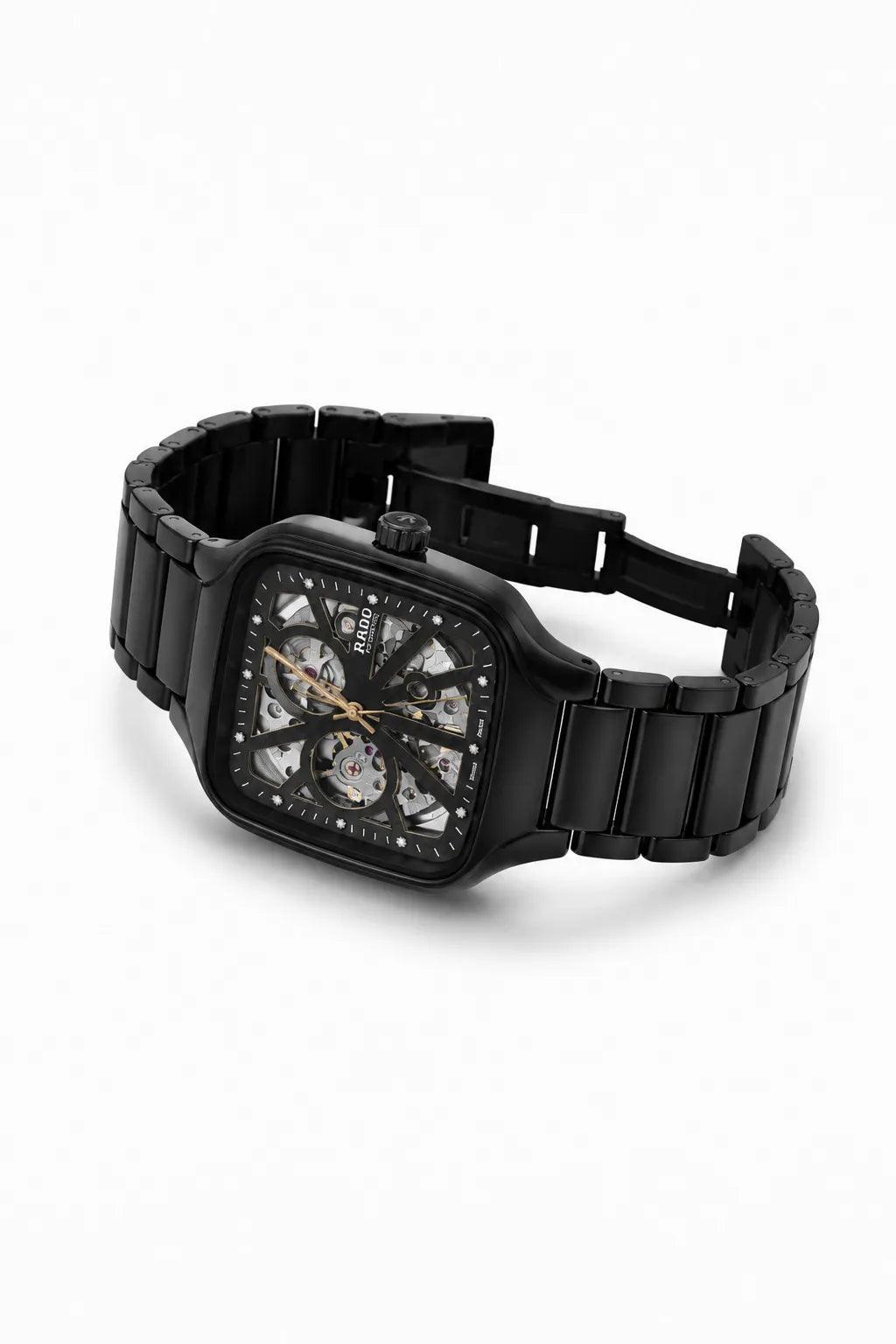Luxury men's black analog skeleton wristwatch with automatic movement.
