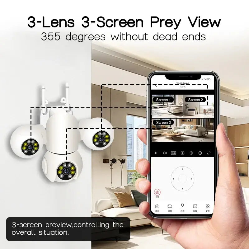 Modern E27 bulb-style AI security camera with triple lenses, infrared LEDs, two-way audio, and 360-degree surveillance.