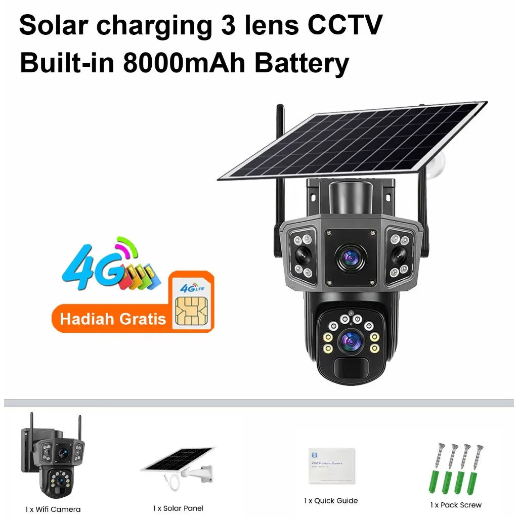 Outdoor PTZ security camera with solar panel, dual screen, and 360-degree monitoring.
