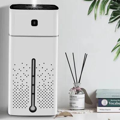 Portable USB air humidifier with water level indicator on a wooden table.
