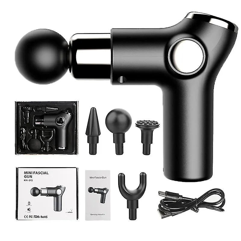 Portable black mini massage gun with four interchangeable massage heads, USB charging cable, and storage box for deep tissue muscle recovery and pain relief.