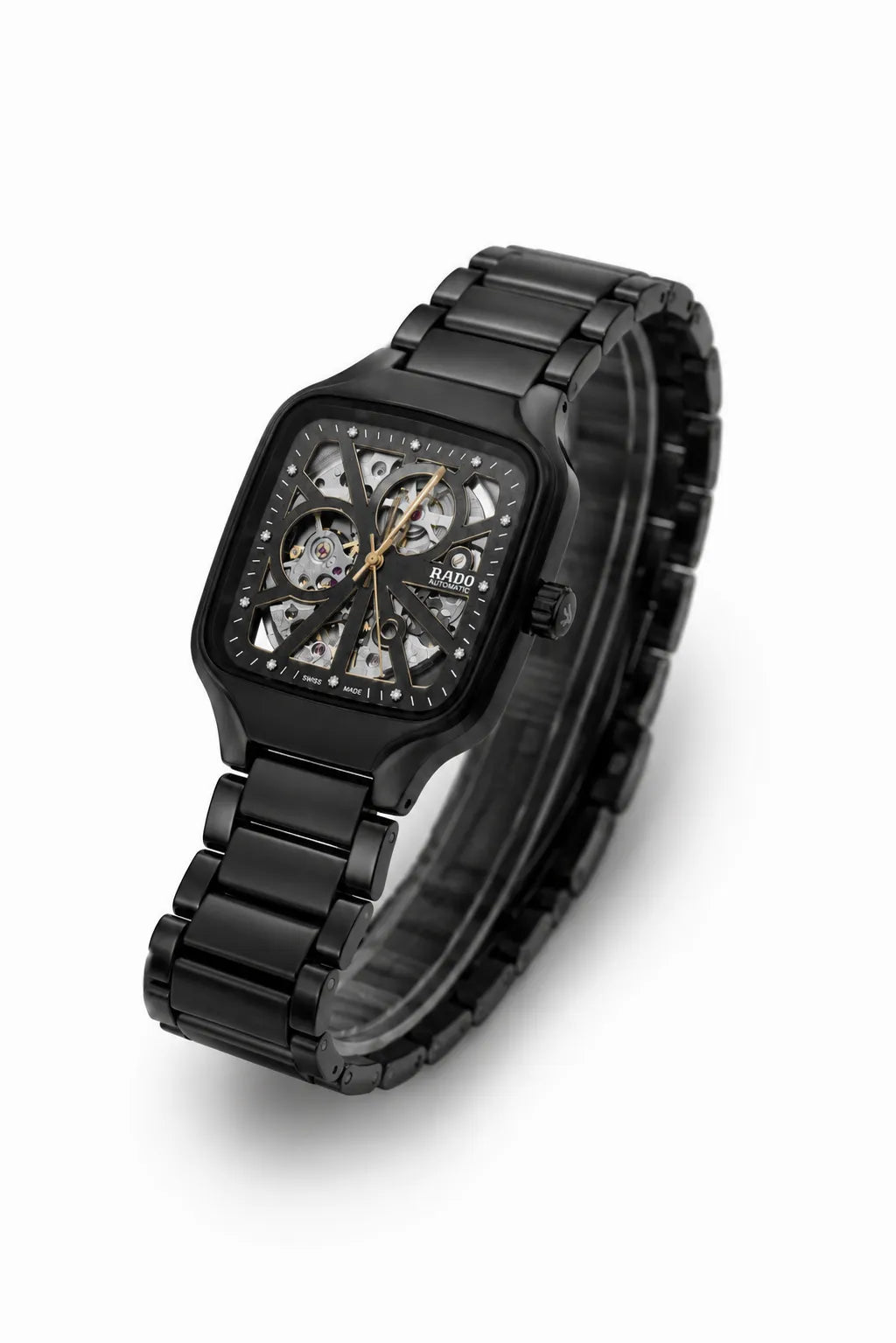Premium black stainless steel skeleton dial watch for men.