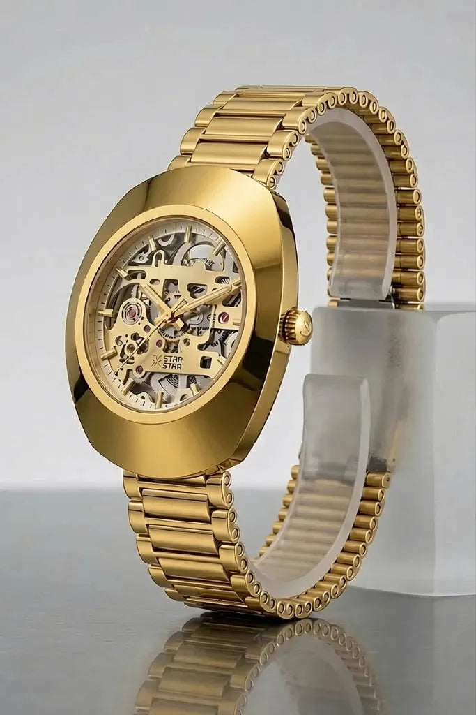 Premium gold analog wrist watch featuring an open-work skeleton dial.