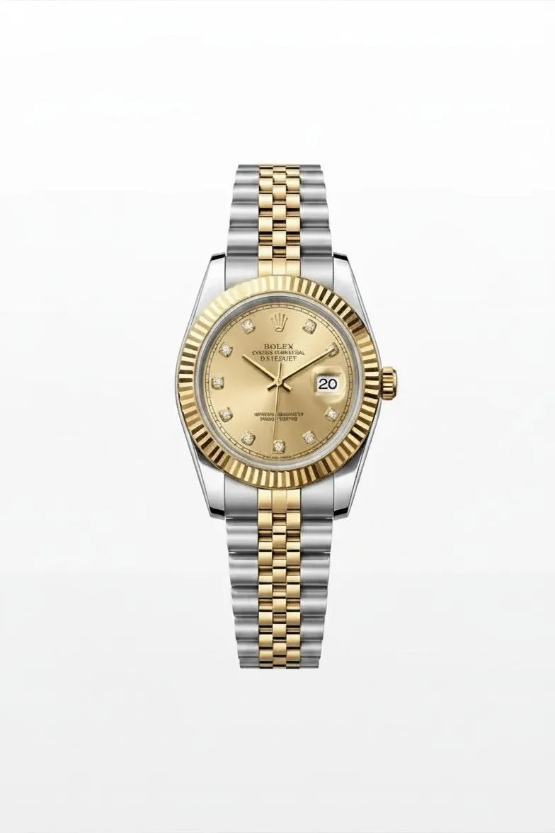 Premium men's analog watch with crystal-style hour markers and fluted bezel.