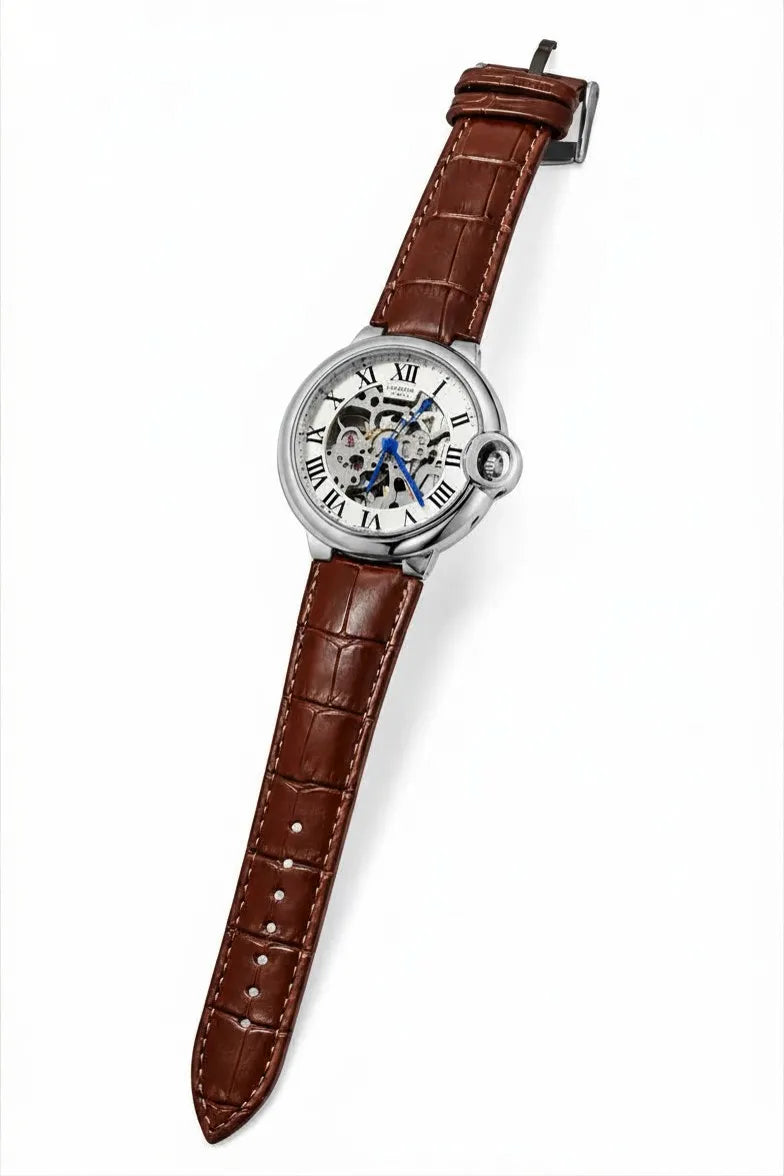 Premium men's leather strap watch with open-work skeleton dial.