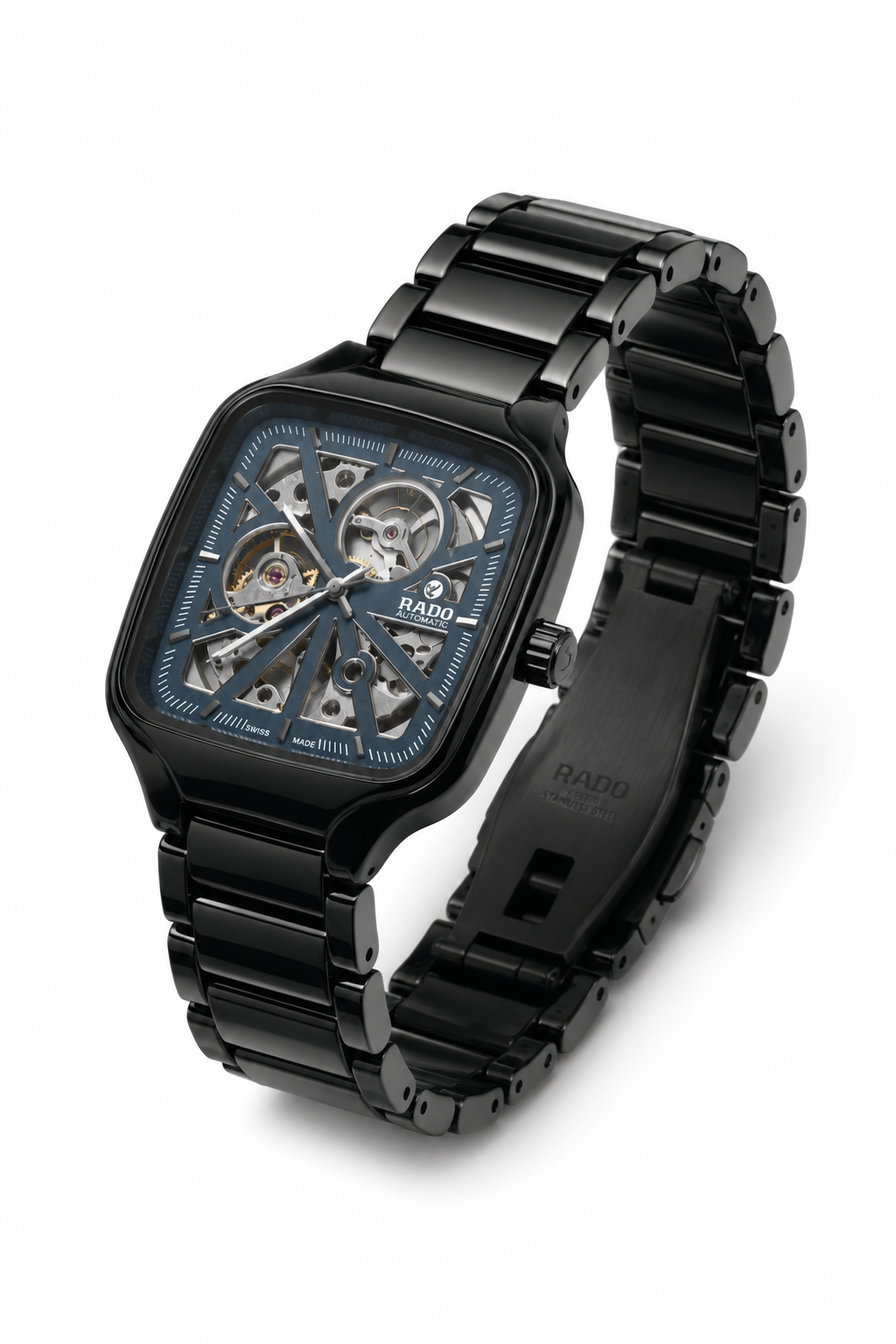 RADO Automatic Skeleton Black Square Stainless Steel Luxury Watch for Men
