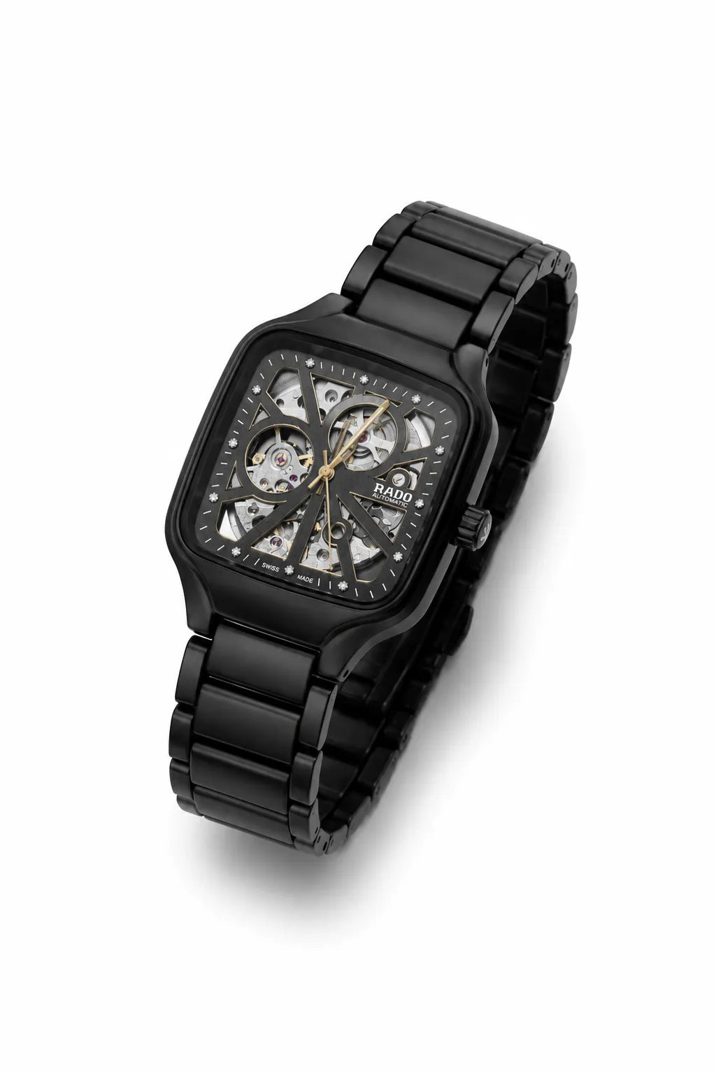 RADO black skeleton automatic mechanical watch with stainless steel bracelet.
