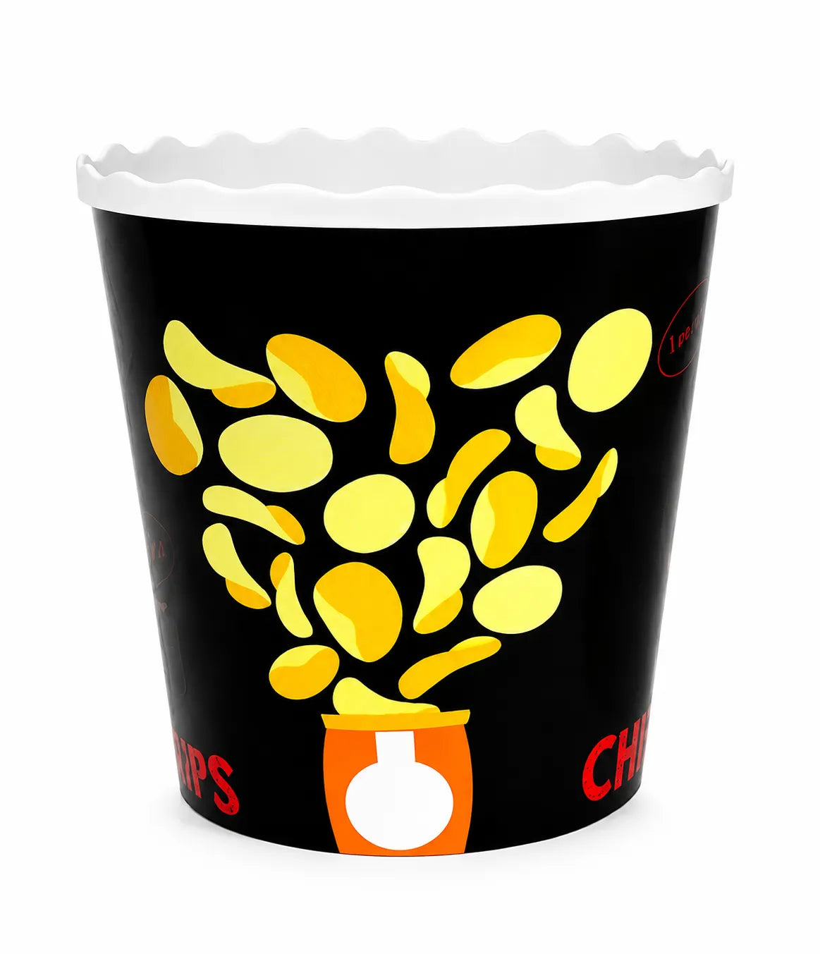 Reusable plastic popcorn bucket with colorful movie-themed design.
