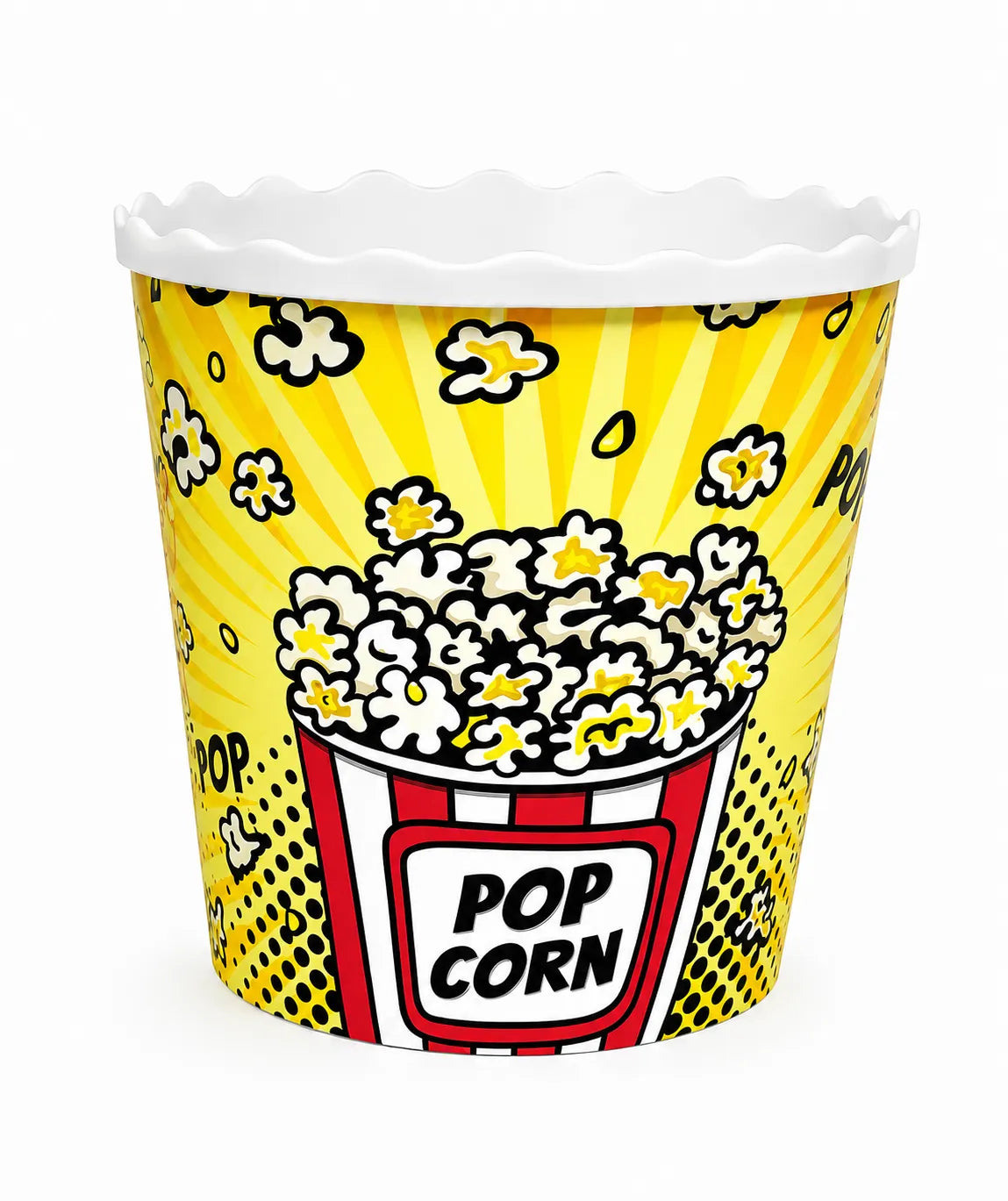 Reusable plastic popcorn bucket with colorful movie-themed design.
