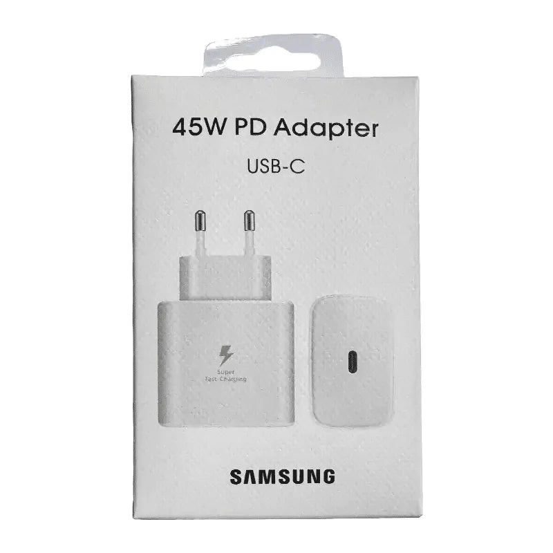 Samsung 45W USB-C PD Super Fast Charging Adapter in original retail packaging, compatible with Samsung Galaxy smartphones, tablets, and other USB-C devices.