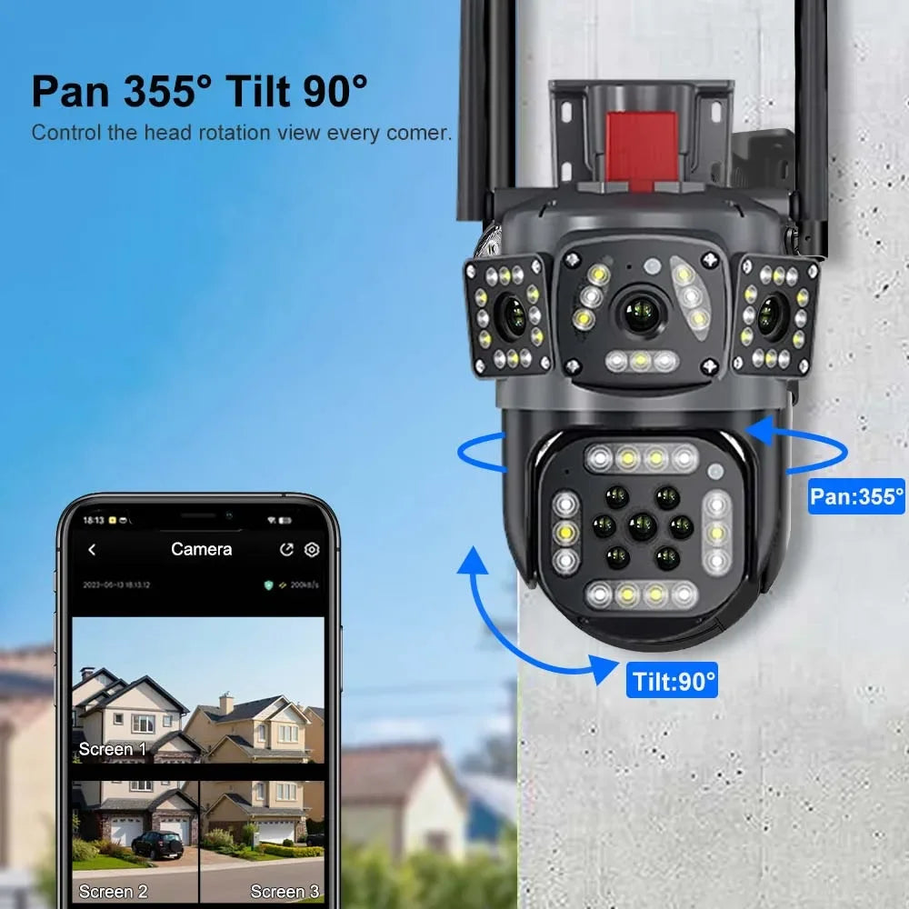 6K 12MP Outdoor WiFi Camera Motion Tracking PTZ Zoom Cam Three Screen 360° View Security Protection Video Surveillance Cameras