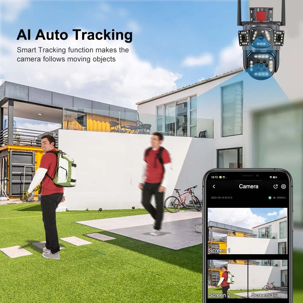 6K 12MP Outdoor WiFi Camera Motion Tracking PTZ Zoom Cam Three Screen 360° View Security Protection Video Surveillance Cameras
