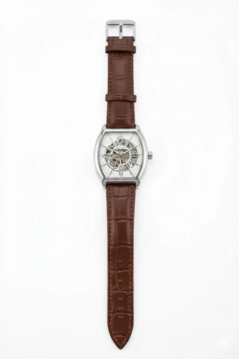Skyline automatic skeleton men's watch with brown leather strap.
