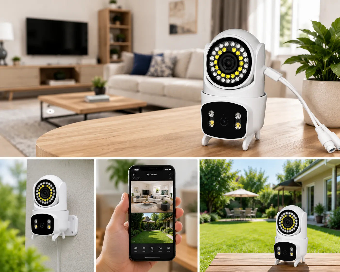 Smart IP security camera with two-way audio, remote mobile monitoring, and weatherproof design.