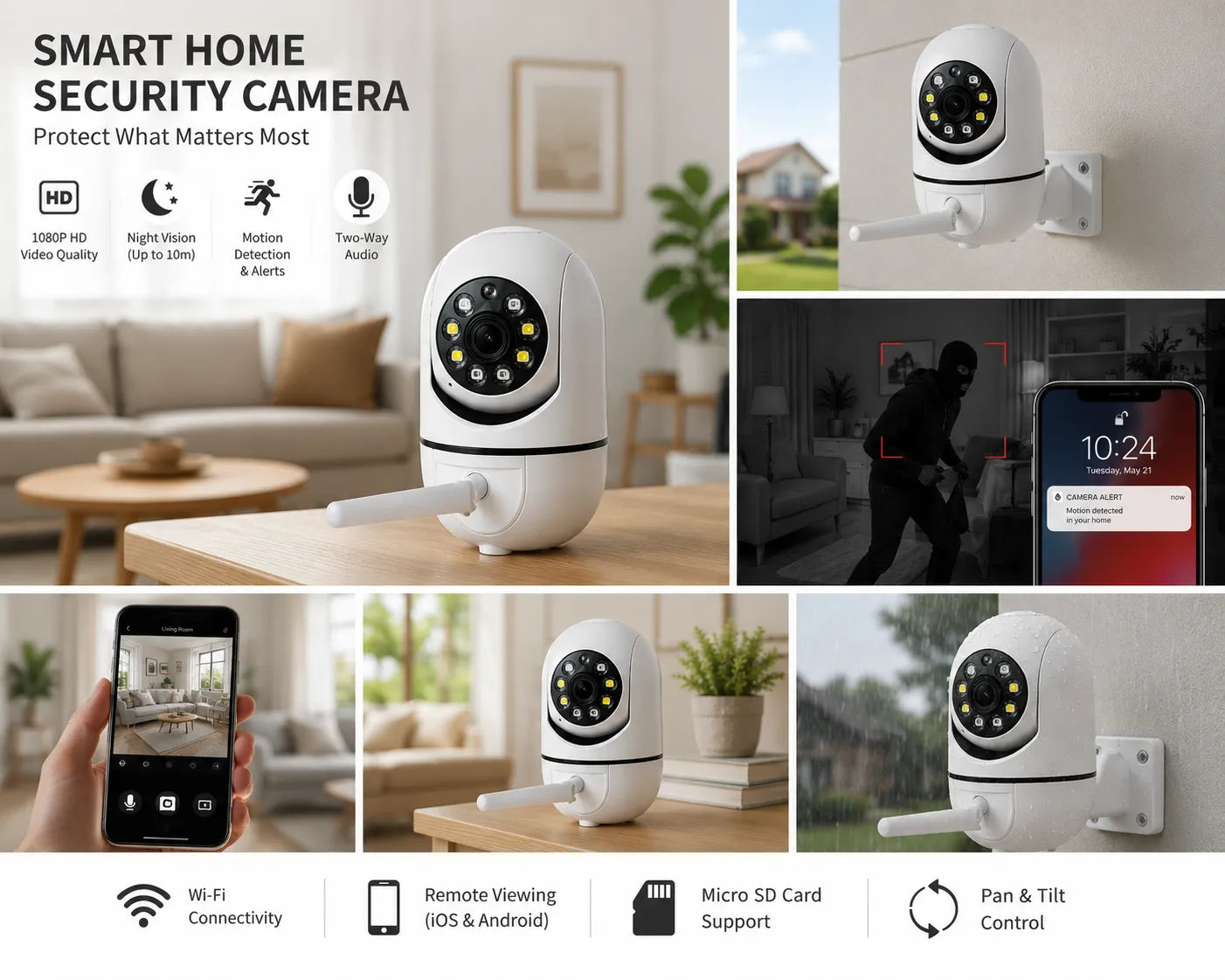 Smart PTZ WiFi security camera with 360-degree rotation and full-color night vision.

